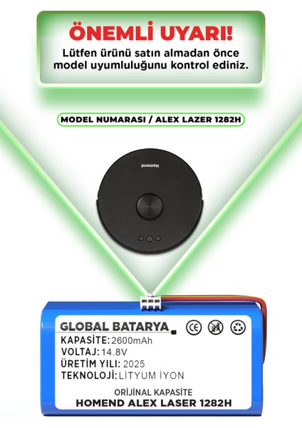 Homend Alex Laser 1282H Akıllı Robot Süpürge Bataryası 14.4V 2600mAh Li-Ion Pil (Orijinal Kapasite) indirimleri