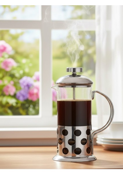 Kahve Desenli French Press 350 ml | Isıya Dayanıklı Cam & Çelik Filtre