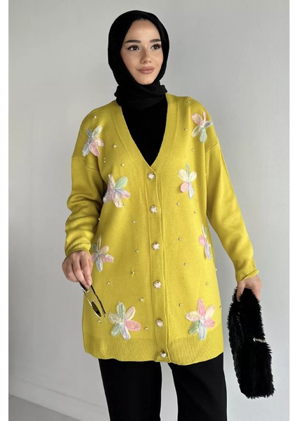 Taş Detaylı Çiçek Işlemeli Tesettür Triko Hırka P-00014665