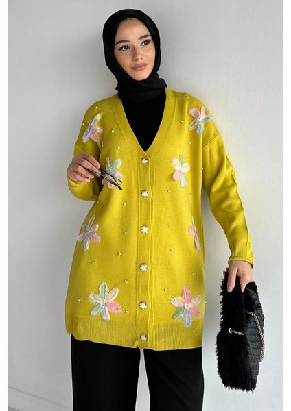 Taş Detaylı Çiçek Işlemeli Tesettür Triko Hırka P-00014665 fiyatları