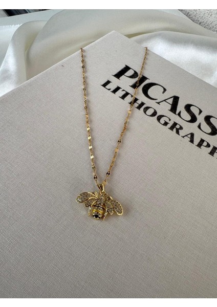 Çelik Altın Rengi Zirkon Taşlı Mineli Minimal Arı Kolye