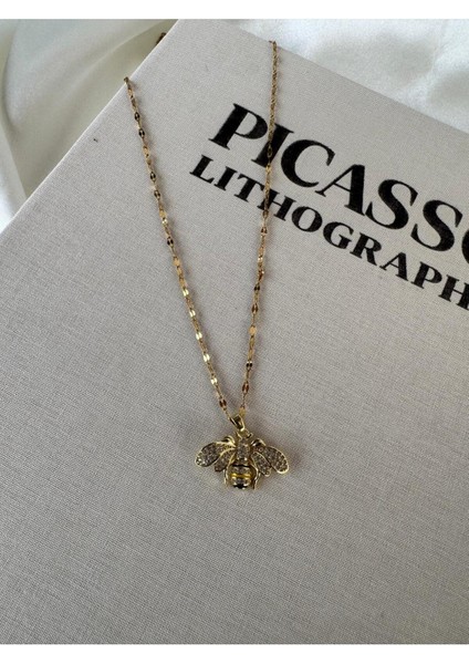 Çelik Altın Rengi Zirkon Taşlı Mineli Minimal Arı Kolye fiyatları