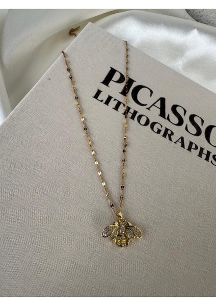 Çelik Altın Rengi Zirkon Taşlı Mineli Minimal Arı Kolye modelleri