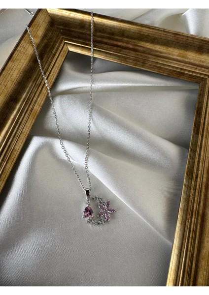 316L Çelik Gümüş Renk Zincir Pembe Zirkon Taşlı Çiçek Figür Kalp Detay Kadın Kolye