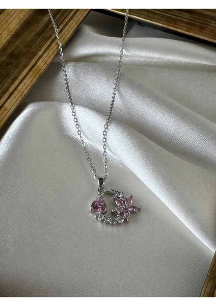 316L Çelik Gümüş Renk Zincir Pembe Zirkon Taşlı Çiçek Figür Kalp Detay Kadın Kolye fiyatları