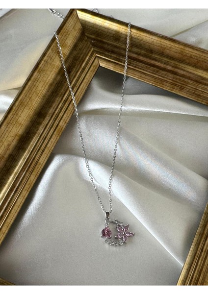 316L Çelik Gümüş Renk Zincir Pembe Zirkon Taşlı Çiçek Figür Kalp Detay Kadın Kolye modelleri