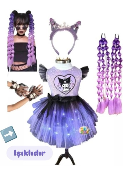 Kuromi Işıklı Elbise Kostüm Kuromi Ta. Kuromi Bubble Saç Kuromi Eldiven Doğum Günü Parti Seti