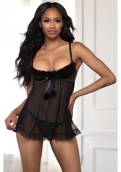 Siyah Pon Pon Detaylı Tül Fantezi Gecelik fiyatları