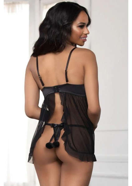 Siyah Pon Pon Detaylı Tül Fantezi Gecelik modelleri