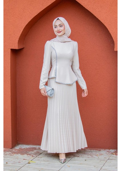 Queny Asil Bluz Etek Abiye Takım-Bej