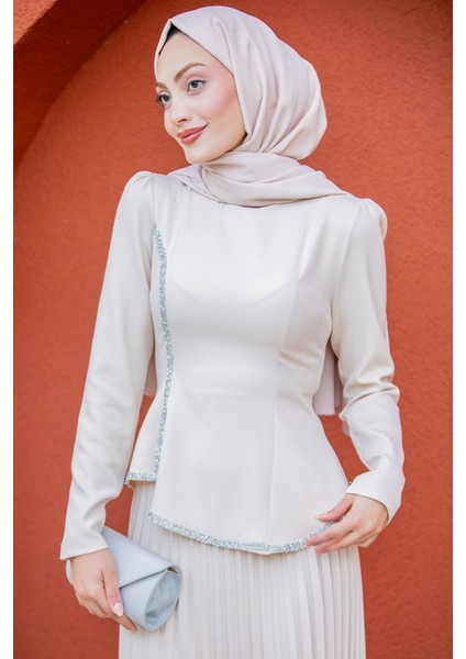 Queny Asil Bluz Etek Abiye Takım-Bej modelleri