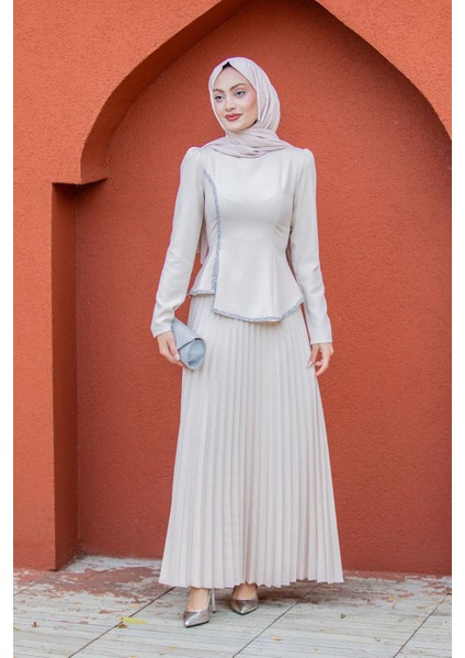 Queny Asil Bluz Etek Abiye Takım-Bej fırsatları