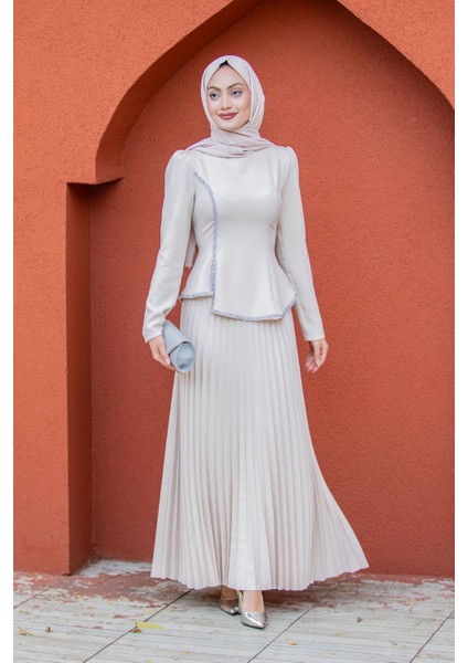 Queny Asil Bluz Etek Abiye Takım-Bej indirimleri