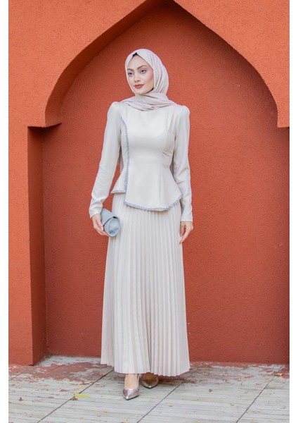 Queny Asil Bluz Etek Abiye Takım-Bej