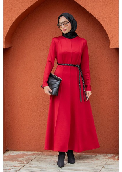 Seyra 8 Parçalı Deri Örgü Kemerli Pufy Dalgıç Elbise-Bordo