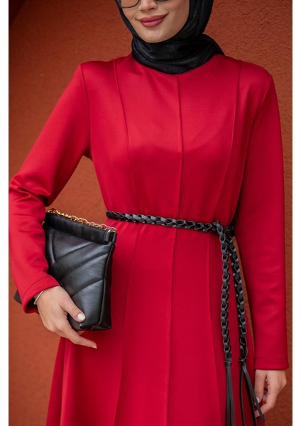 Seyra 8 Parçalı Deri Örgü Kemerli Pufy Dalgıç Elbise-Bordo fiyatları