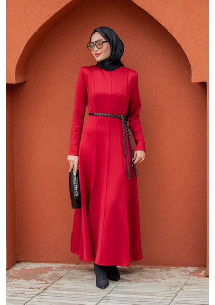 Seyra 8 Parçalı Deri Örgü Kemerli Pufy Dalgıç Elbise-Bordo fırsatları