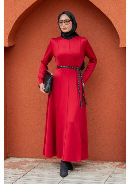 Seyra 8 Parçalı Deri Örgü Kemerli Pufy Dalgıç Elbise-Bordo indirimleri