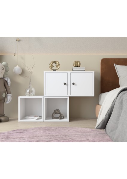 Modüler Komodin 4 Kutu Kapaklı ve Açık Raflı Duvara Monte Edilebilir BEYAZ-NRG-KMD-1011