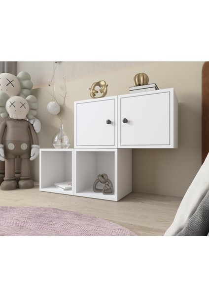 Modüler Komodin 4 Kutu Kapaklı ve Açık Raflı Duvara Monte Edilebilir BEYAZ-NRG-KMD-1011 fiyatları