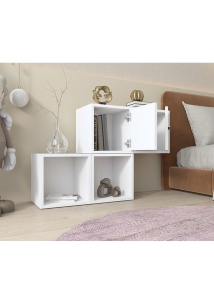 Modüler Komodin 4 Kutu Kapaklı ve Açık Raflı Duvara Monte Edilebilir BEYAZ-NRG-KMD-1011 modelleri