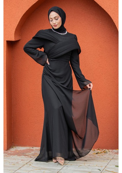 Pink Omuz Detaylı Drapeli Tesettür Abiye-Siyah