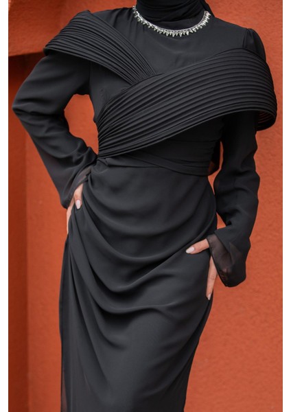 Pink Omuz Detaylı Drapeli Tesettür Abiye-Siyah fiyatları