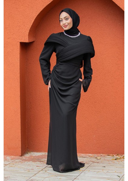 Pink Omuz Detaylı Drapeli Tesettür Abiye-Siyah modelleri