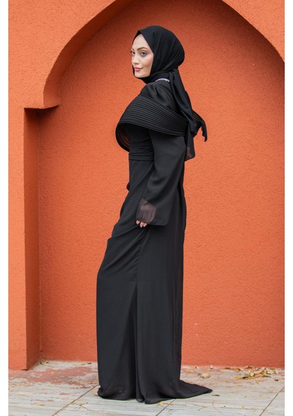 Pink Omuz Detaylı Drapeli Tesettür Abiye-Siyah indirimleri