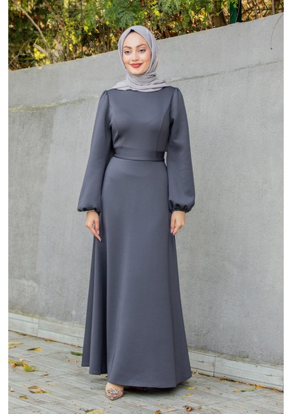 Luvi Pufy Dalgıç Balon Kollu Elbise-Antrasit