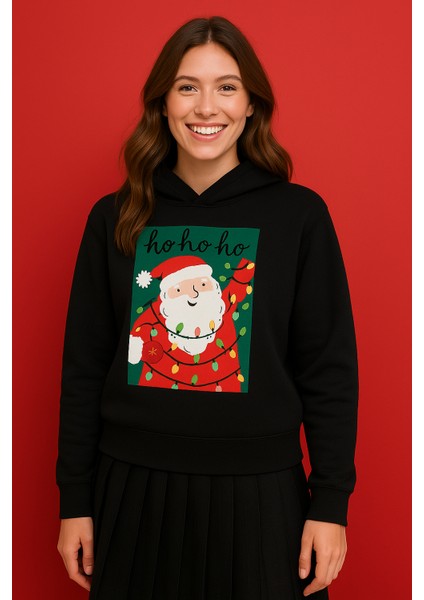 Yılbaşı Temalı Noel Baba Baskılı Kapüşonlu 3 Iplik Şardonlu Sweatshirt – Özel Koleksiyo