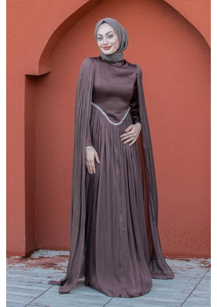 Nida Drapeli Taşlı Tesettür Abiye-Kahve