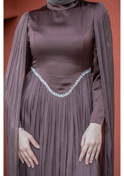 Nida Drapeli Taşlı Tesettür Abiye-Kahve fiyatları