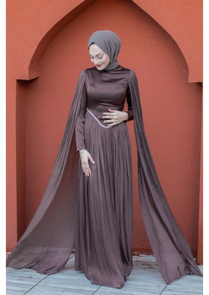 Nida Drapeli Taşlı Tesettür Abiye-Kahve modelleri