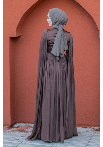 Nida Drapeli Taşlı Tesettür Abiye-Kahve fırsatları