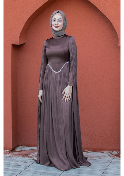 Nida Drapeli Taşlı Tesettür Abiye-Kahve indirimleri