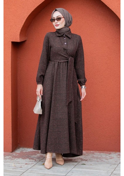 Tüvit Ekoseli Yan Bağlamalı Elbise-Kahve