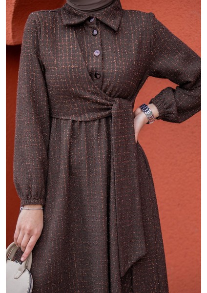 Tüvit Ekoseli Yan Bağlamalı Elbise-Kahve fiyatları