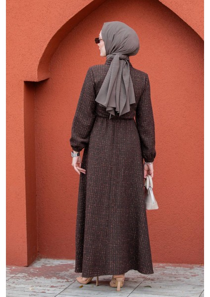 Tüvit Ekoseli Yan Bağlamalı Elbise-Kahve modelleri