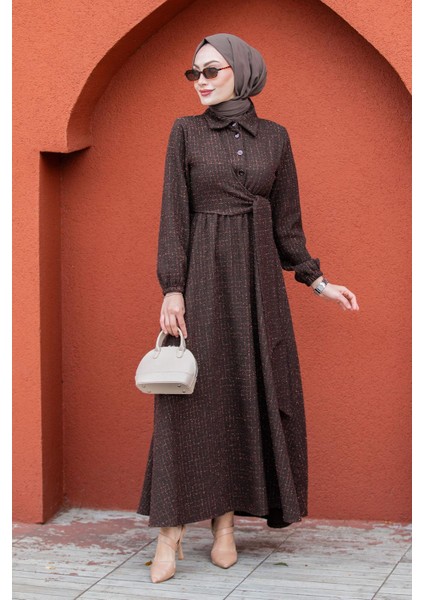 Tüvit Ekoseli Yan Bağlamalı Elbise-Kahve fırsatları