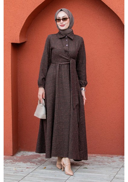 Tüvit Ekoseli Yan Bağlamalı Elbise-Kahve indirimleri