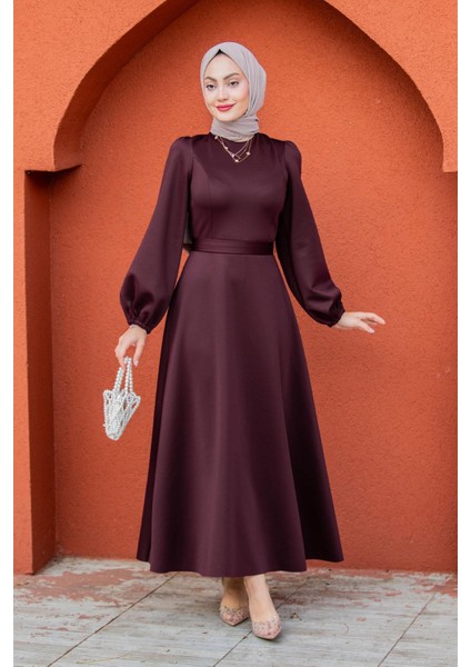 Luvi Pufy Dalgıç Balon Kollu Elbise-Bordo