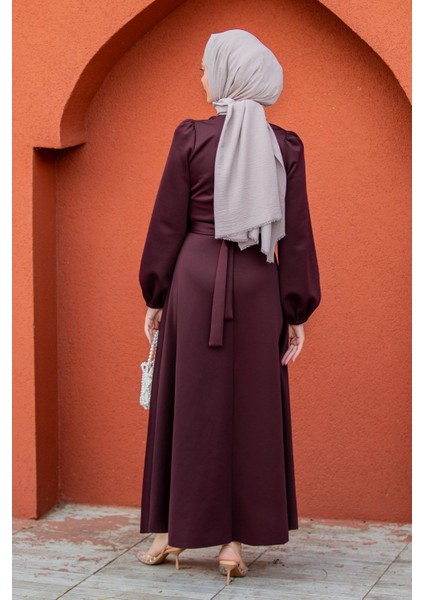 Luvi Pufy Dalgıç Balon Kollu Elbise-Bordo modelleri