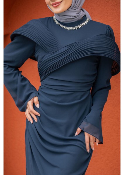 Pink Omuz Detaylı Drapeli Tesettür Abiye-Laci fiyatları