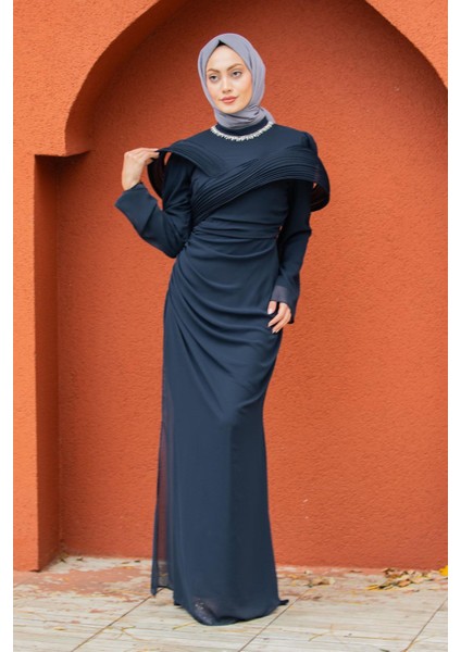 Pink Omuz Detaylı Drapeli Tesettür Abiye-Laci modelleri