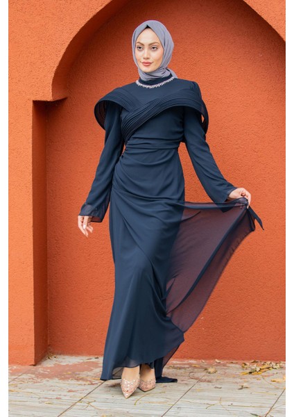 Pink Omuz Detaylı Drapeli Tesettür Abiye-Laci indirimleri