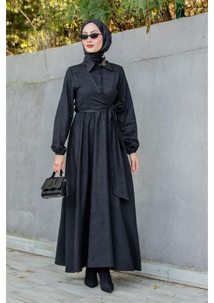 Süet Roba Bağlamalı Elbise-Siyah