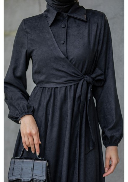 Süet Roba Bağlamalı Elbise-Siyah fiyatları