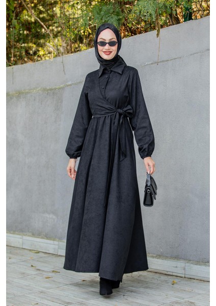 Süet Roba Bağlamalı Elbise-Siyah modelleri