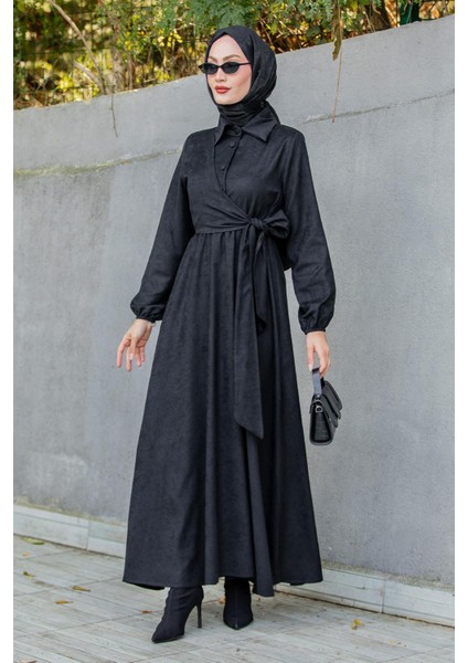 Süet Roba Bağlamalı Elbise-Siyah indirimleri